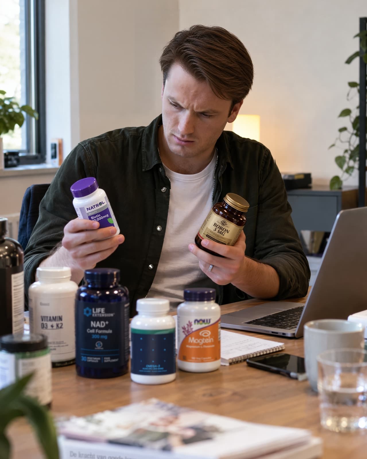 Leo compara dos botes de suplementos en su escritorio